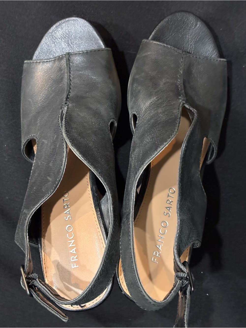 Franco Sarto Black Leather Wedge Sandals Peep Toe Cork Platform Heel Size 7 - Picture 7 of 11